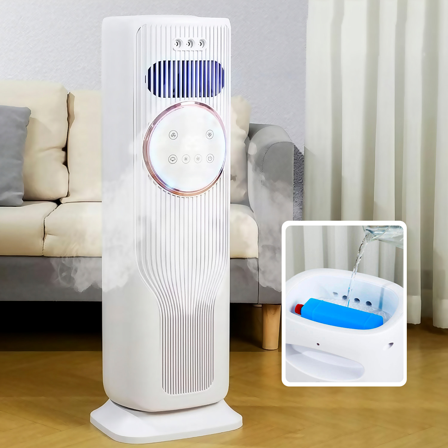 Climatizador multifunción sin aspas Q8, con calefacción y refrigeración. Con tanque de agua de 1,2L, pantalla táctil, luz esterilizadora y mando de control remoto.