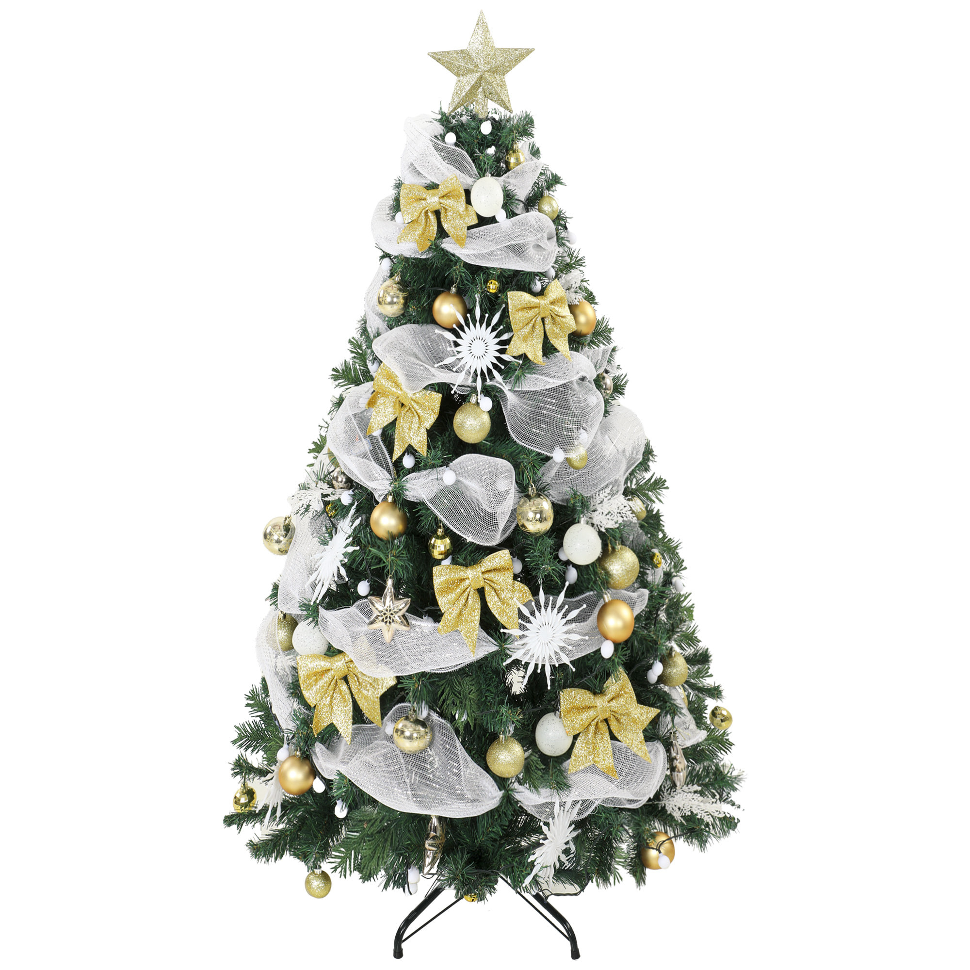 HOMCOM Árbol de Navidad con 200 LED Blanco Cálido, 180 cm, Árbol de Navidad Predecorado, 800 Ramas, 8 Modos, Bolas, Cintas y Lazos, Mando a Distancia, Base Metálica Plegable, Funciona con USB, Verde