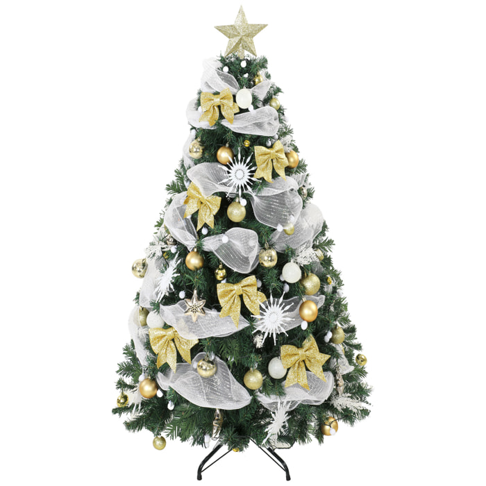 HOMCOM Árbol de Navidad con 200 LED Blanco Cálido, 180 cm, Árbol de Navidad Predecorado, 800 Ramas, 8 Modos, Bolas, Cintas y Lazos, Mando a Distancia, Base Metálica Plegable, Funciona con USB, Verde