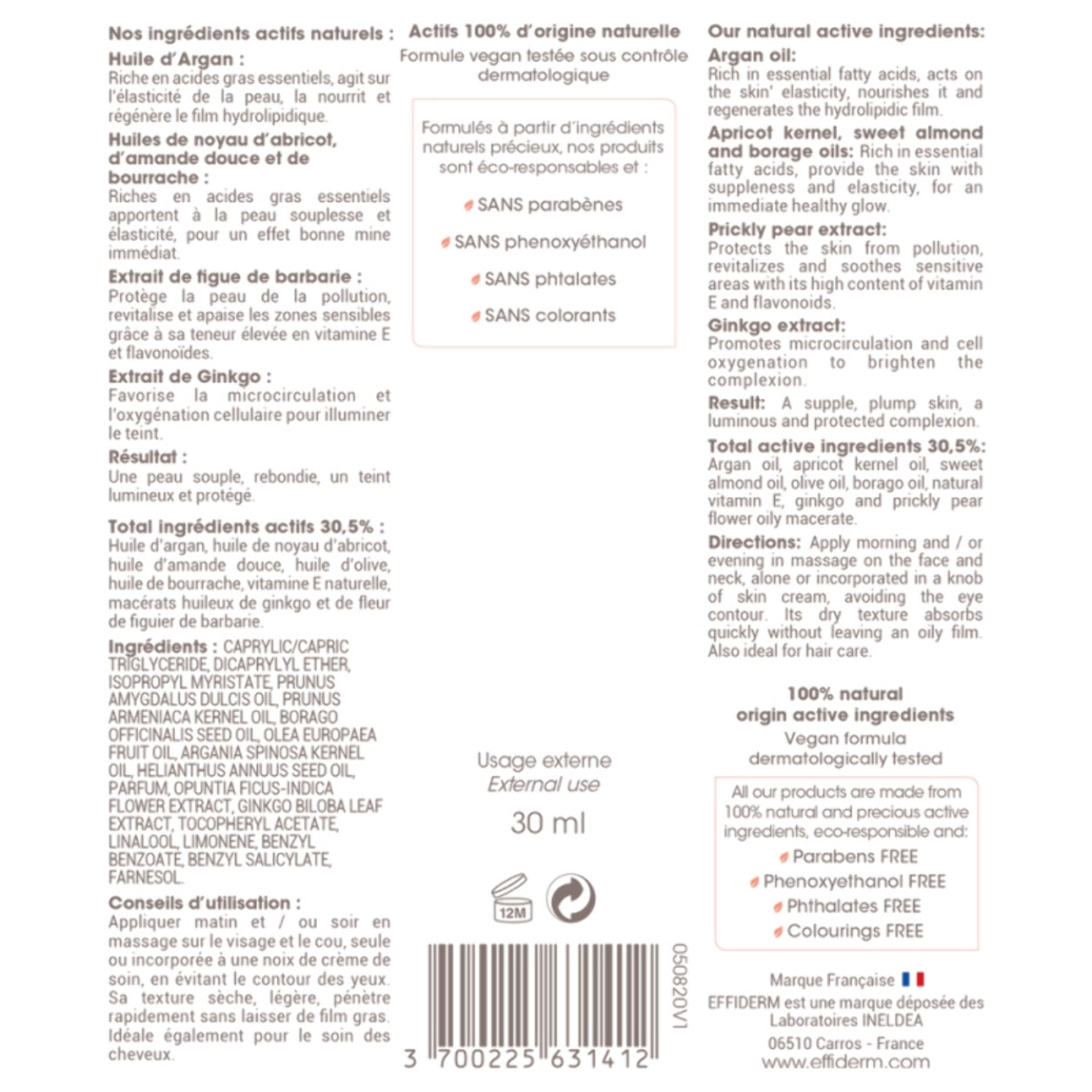 EFFIDERM - Huile Soyeuse Régénérante - Soin Visage, Corps et Cheveux - Huile d'Argan et d'Amande douce - Vegan - Flacon en verre recyclable de 30 ml