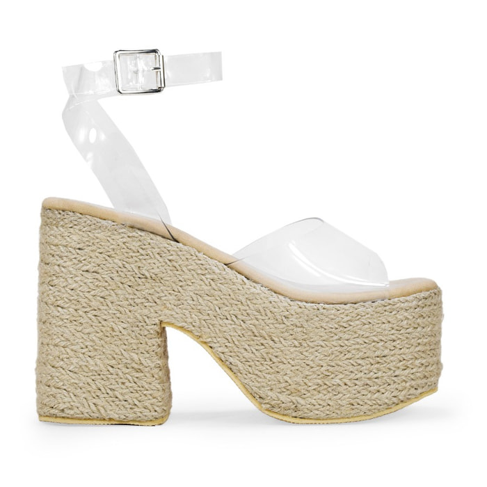 Sandalias transparentes con tacón y plataforma de esparto