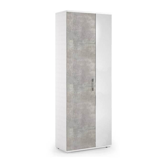 Scarpiera Tarassaco, Mobile multiuso da ingresso con anta a specchio , Armadio moderno portascarpe a 6 ripiani, 100% Made in Italy, Cm 72x37h195, Bianco e Cemento