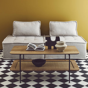 Table basse vintage 110 cm coloris naturel. double plateaux effet bois et cannage. piètement et structure en métal noir