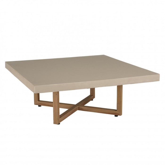 ERIS - Table basse carrée 107x107cm en béton beige pieds croisés en teck