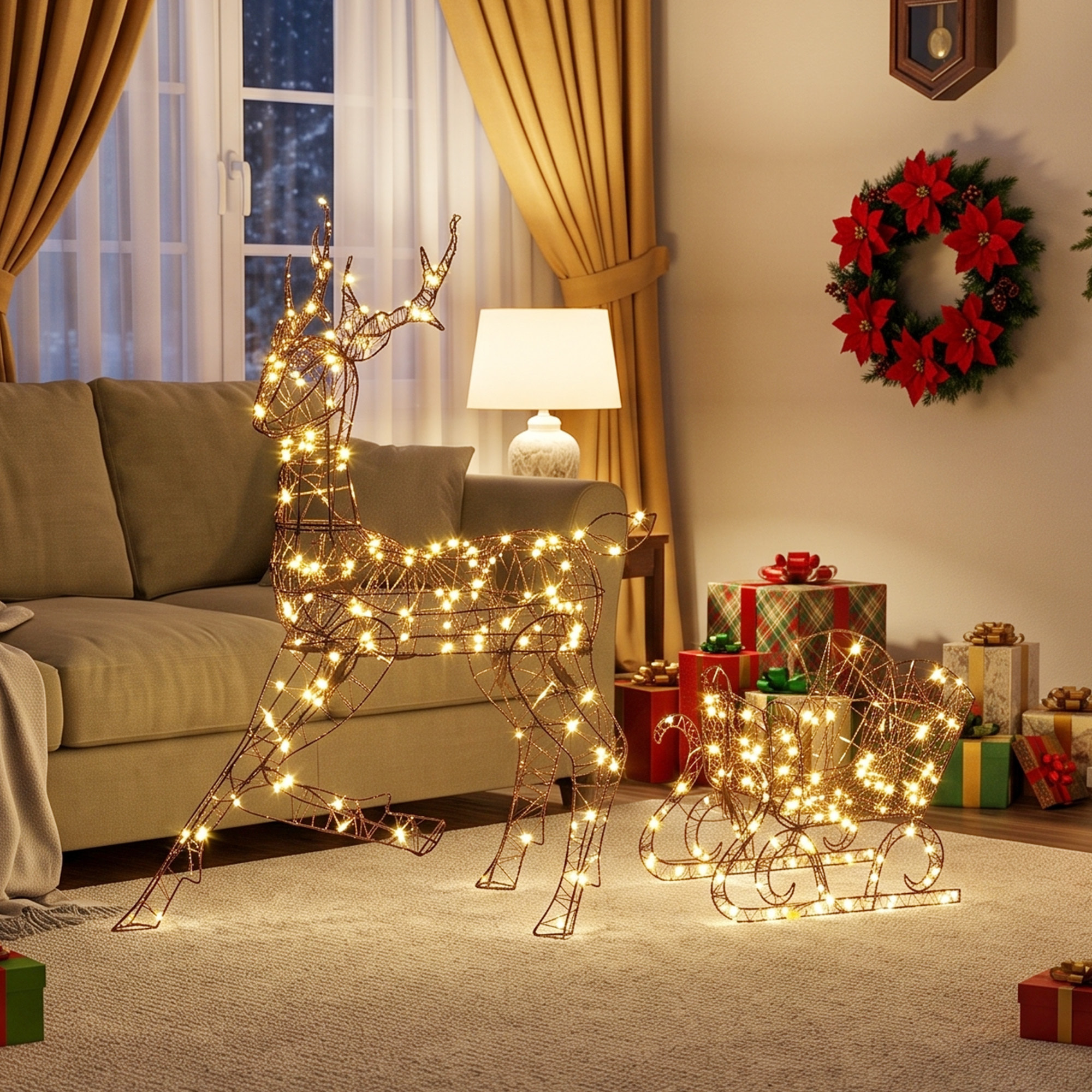 Outsunny Reno y Trineo Luminosos de Ratán PP con 175 LED Blanco Cálido, Decoración de Navidad con 8 Modos, Temporizador Diario, 120 cm, Illuminación Navideña para Jardín, Césped, Patio y Porche