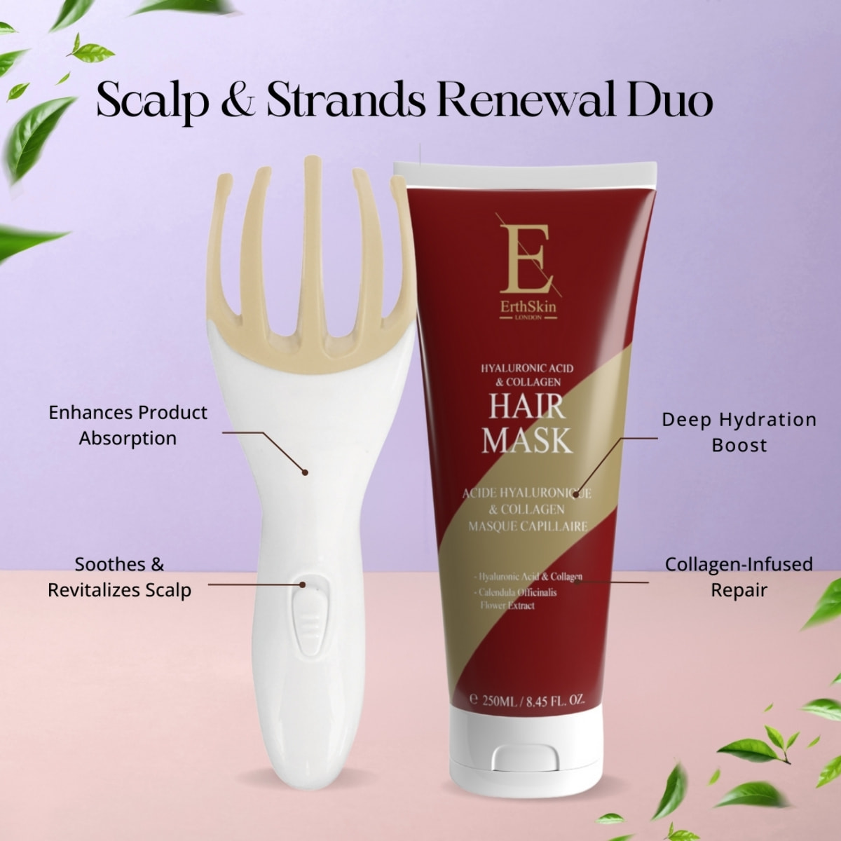 Mascarilla capilar de ácido hialurónico y colágeno + masajeador revitalizante del cuero cabelludo