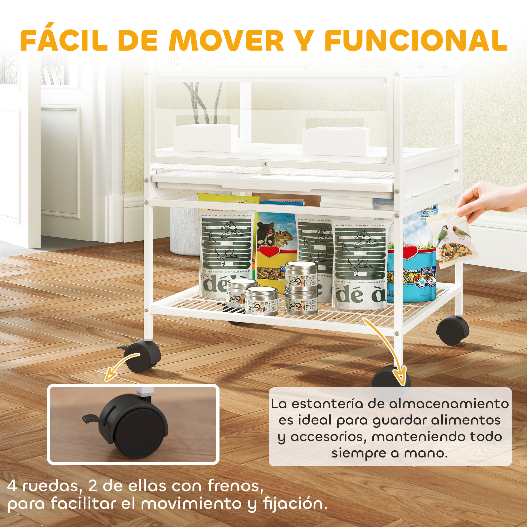 Jaula para Pájaros Jaula Grande de 2 Niveles con Ruedas Paneles Acrílicos Comederos Perchas Estante Bandejas Extraíbles Pajarera para Loros Canarios 48x46x134,5 cm Blanco