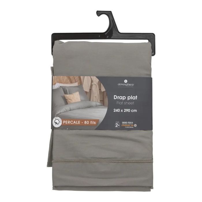 Drap plat - percale - gris - 240x290 cm