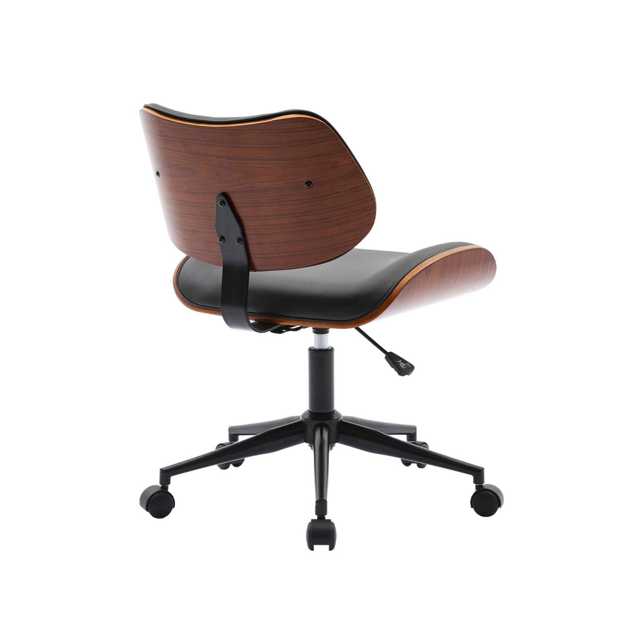 Chaise de bureau à roulettes décor bois courbé placage effet noyer et simili cuir noir