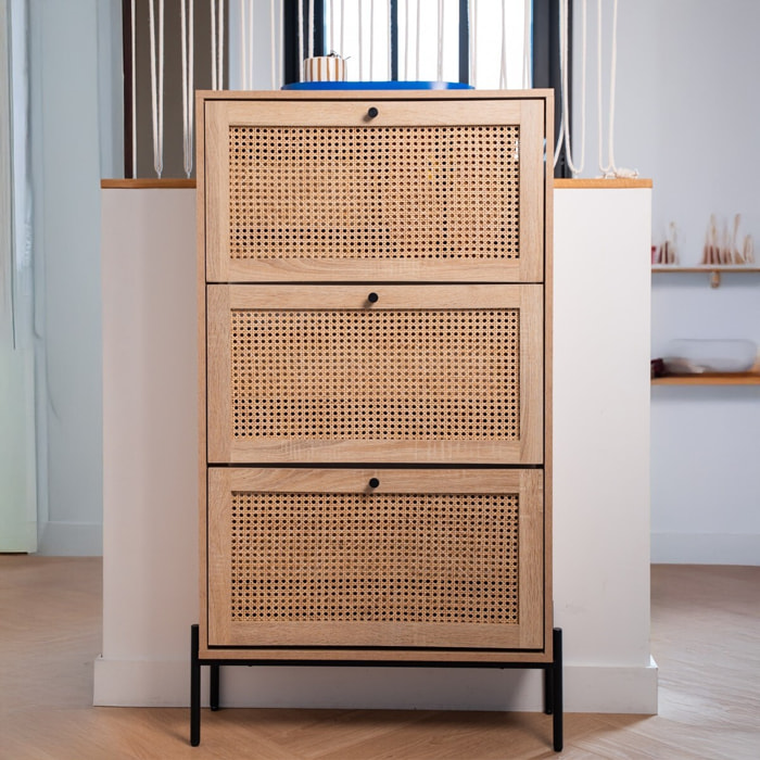 Meuble à chaussures 3 portes en cannage et effet chêne - IRIS