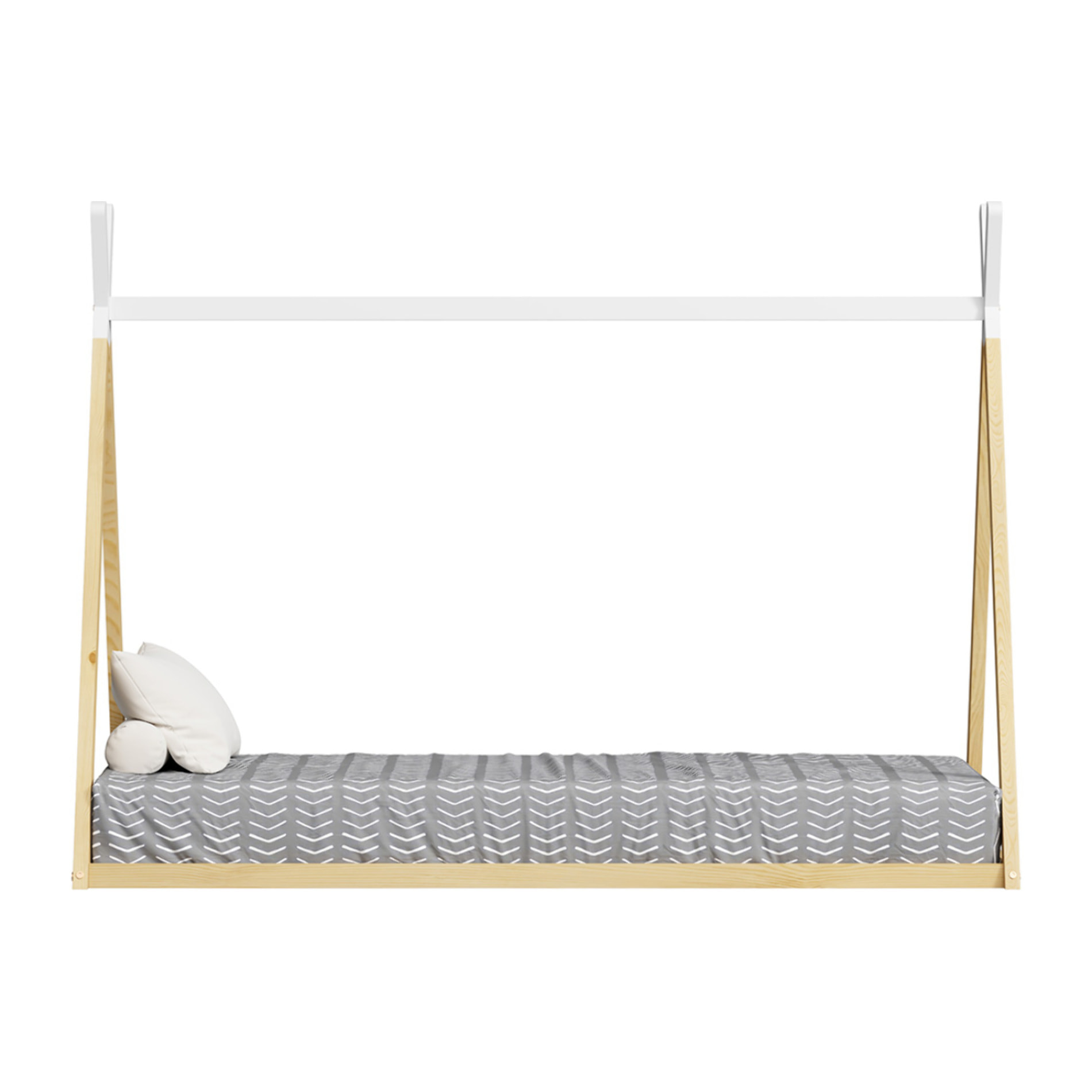 Lit Tipi 90 x 190 cm, couleur Blanc & Bois, En Bois de Pin Naturel, Robustesse et Durabilité, Stimule l'Imagination des Enfants