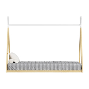 Lit Tipi 90 x 190 cm, couleur Blanc & Bois, En Bois de Pin Naturel, Robustesse et Durabilité, Stimule l'Imagination des Enfants
