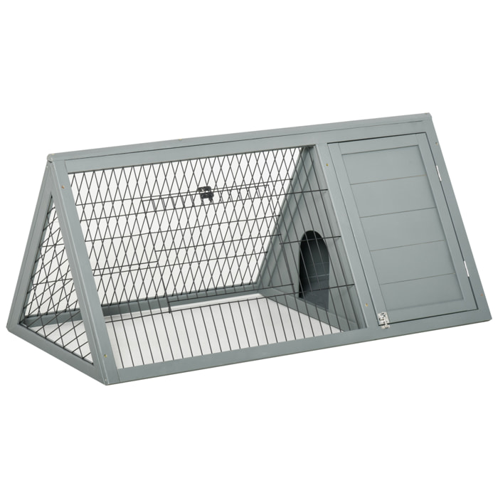 Clapier triangulaire de sol enclos extérieur niche double porte dim. 116L x 62l x 52,5H cm métal bois sapin gris