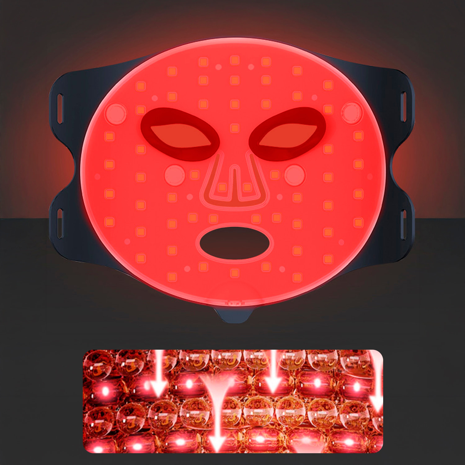 Maschera facciale per trattamento con luce LED, ringiovanente cutaneo tramite vibrazione fotonica. Con 4 modalità d'uso e 3 livelli di luminosità.
