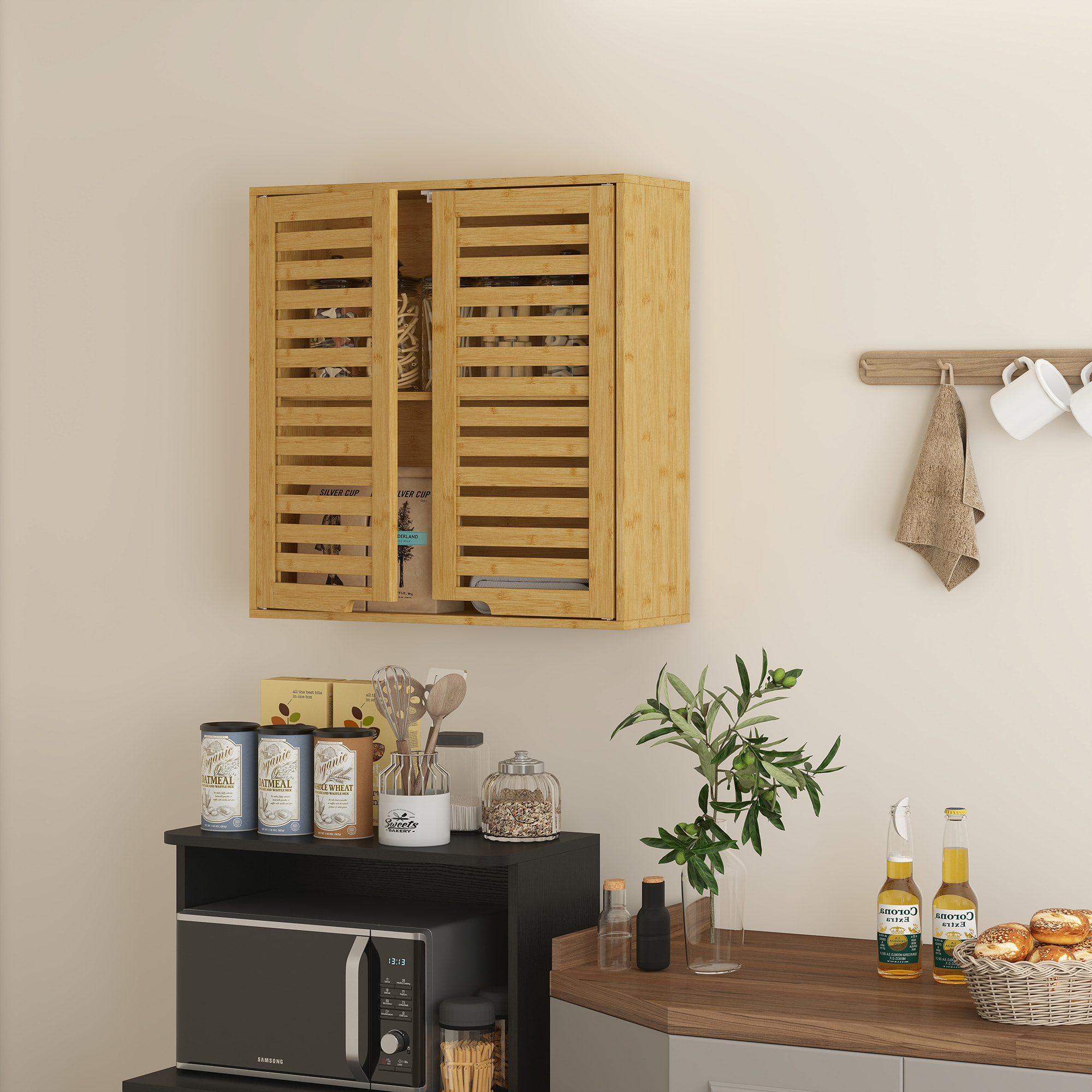 Armario de Baño de Pared de Bambú, Mueble de Baño Colgante con Estante Ajustable, Puertas de Lamas, Armario de Almacenamiento para Cocina, Lavadero, sobre el Inodoro, Natural