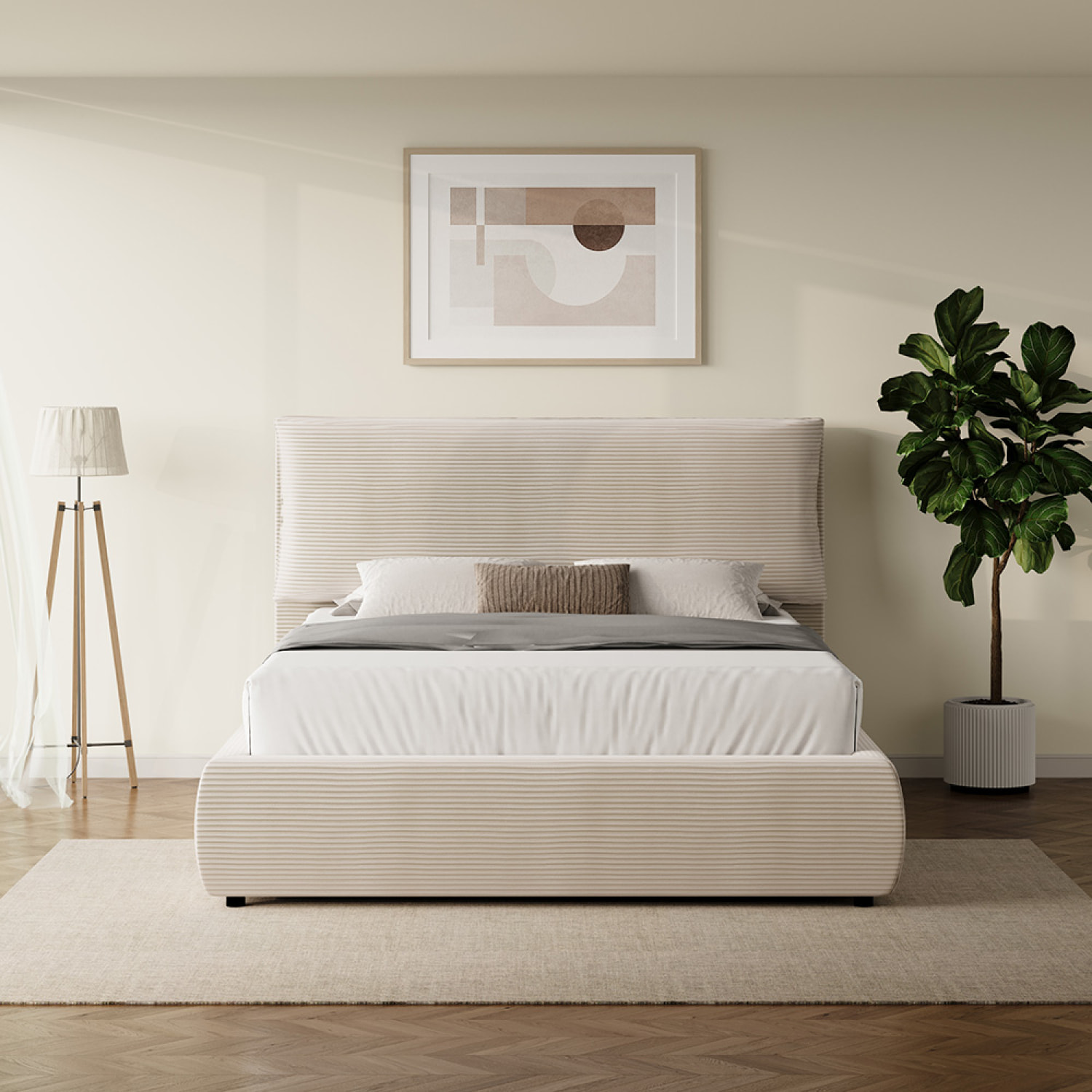 Lit avec coffre de rangement 160x200cm en velours côtelé beige GOLETA