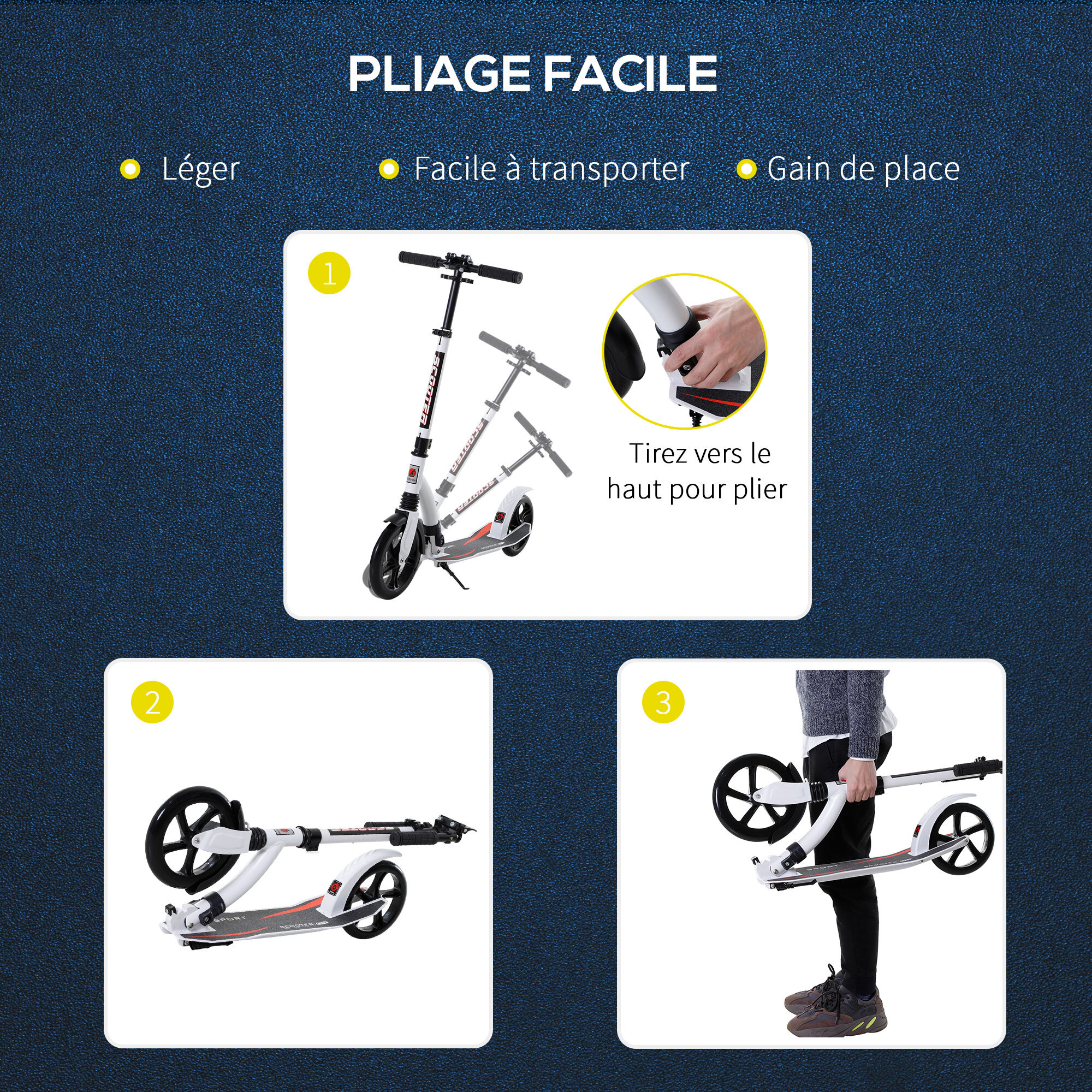 Trottinette pliable pour adulte enfant à partir 14 ans hauteur guidon réglable alu blanc