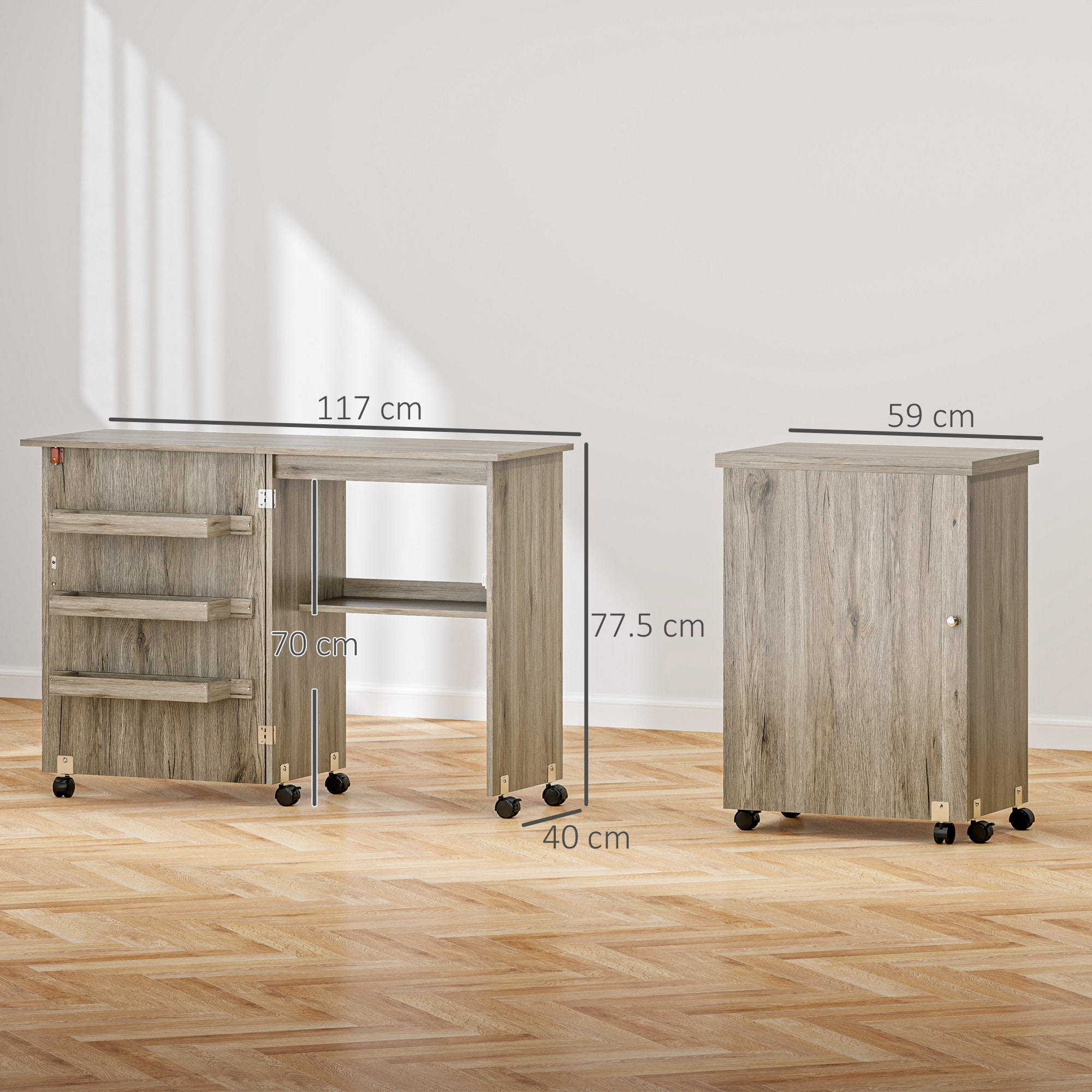 Table de couture pliable sur roulettes - table à rabat - 4 étagères - effet bois gris
