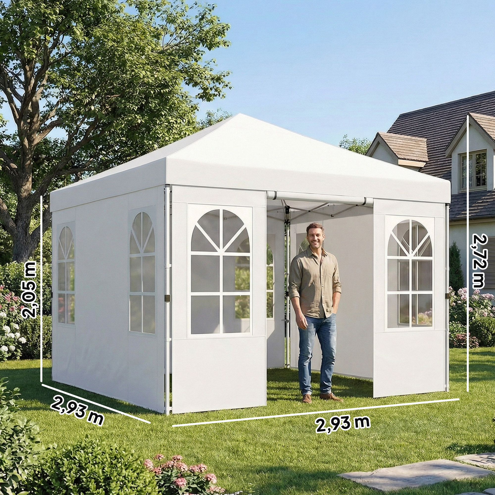Carpa Plegable 3x3 m, Pop-up, con 4 Laterales Extraíbles, Cenador de Jardín con UPF50+, Bloqueo Central, Altura Ajustable, Bolsa de Transporte, Sacos Arena, Gazebo para Exterior, Blanco