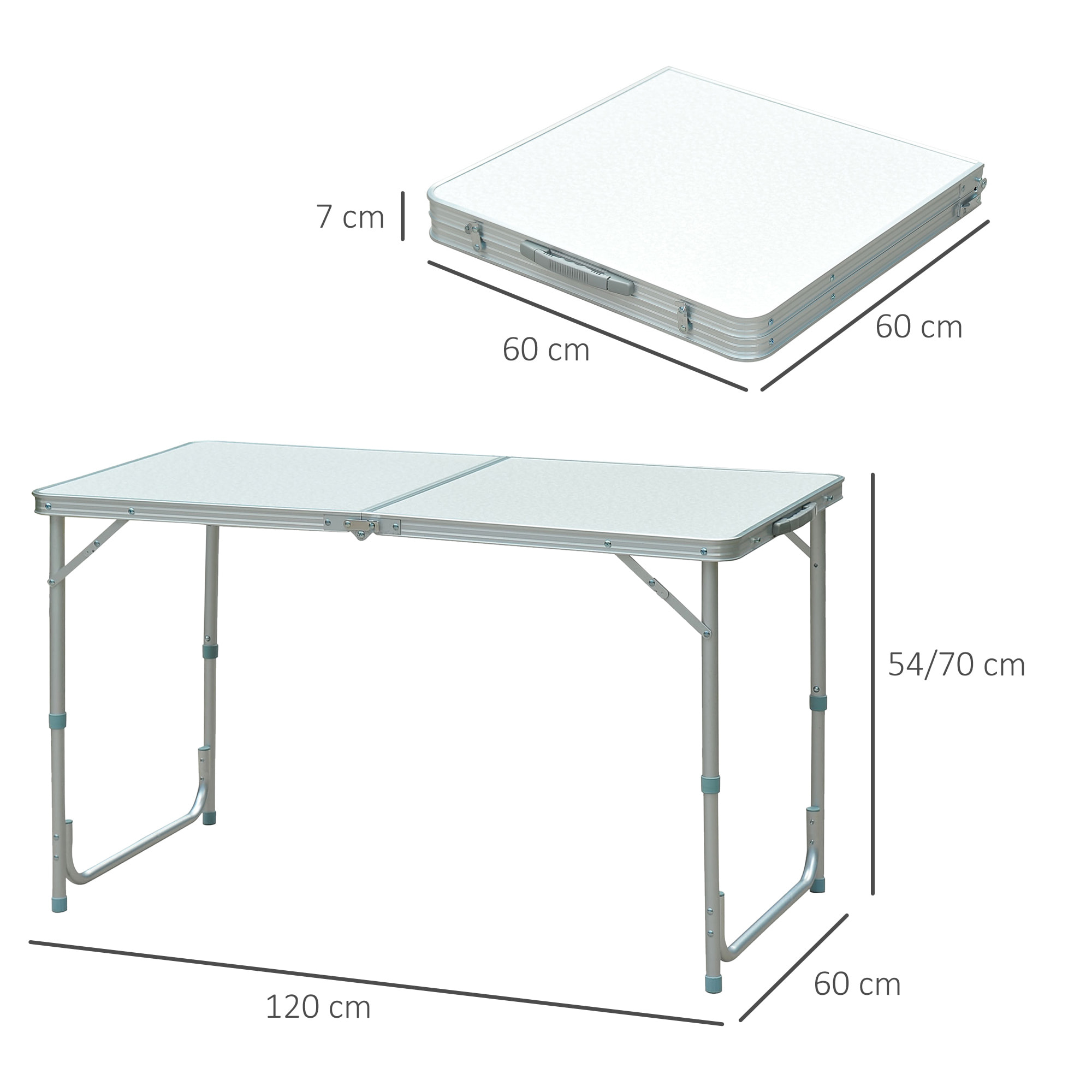 Mesa de Camping Plegable convertible en Maleta Altura Regulable para Picnic 120x60x54-70 cm con Encimera de MDF Marco de Aluminio