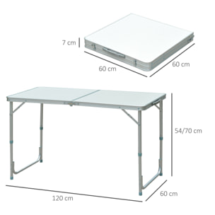 Mesa de Camping Plegable convertible en Maleta Altura Regulable para Picnic 120x60x54-70 cm con Encimera de MDF Marco de Aluminio