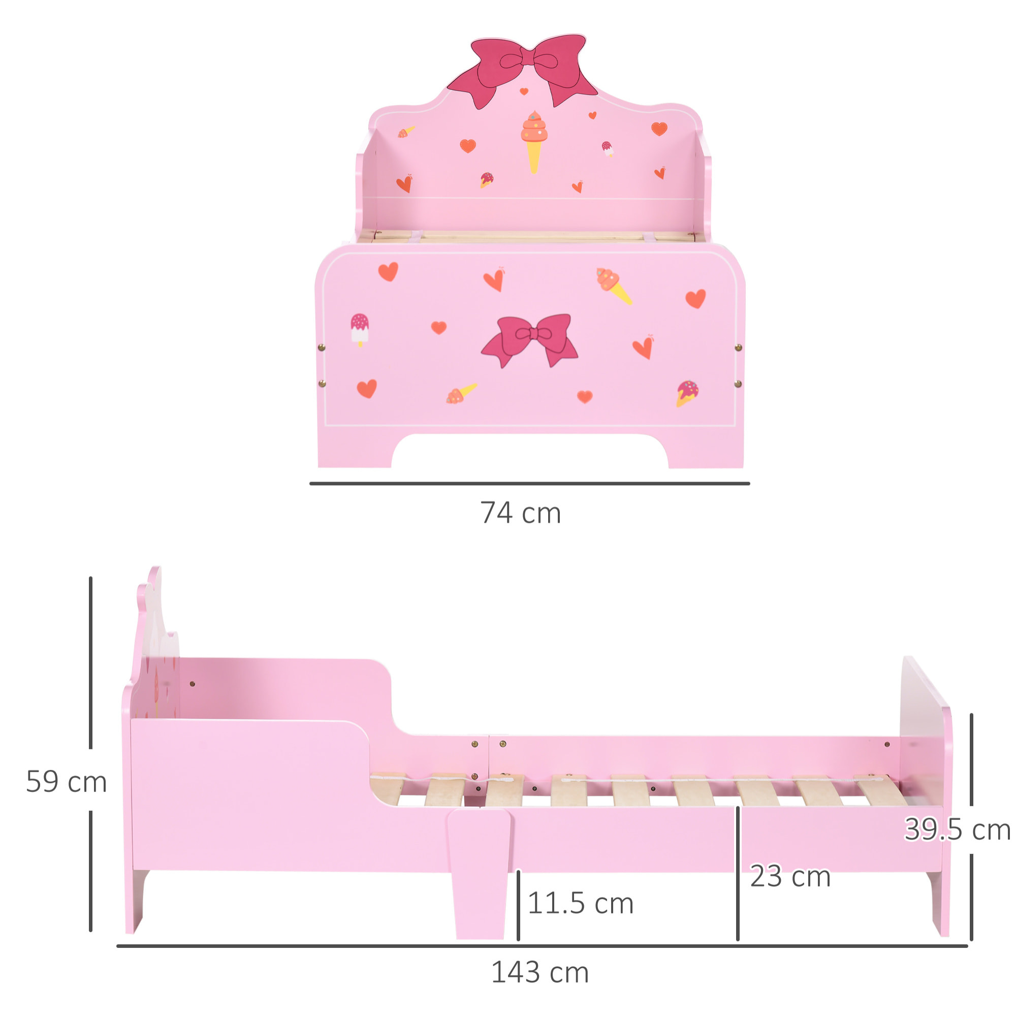 ZONEKIZ Letto per Bambini con Sponde e Fantasia a Fiocchi e Cuori, Età 3-6 Anni, 143x74x59cm, Rosa