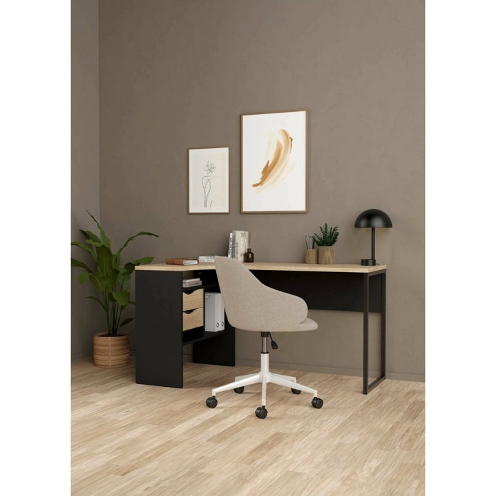 Scrivania Moire, Scrittoio multiuso, Tavolo per ufficio porta PC, Piano di lavoro, 145x81 h77 cm, Nero e Rovere