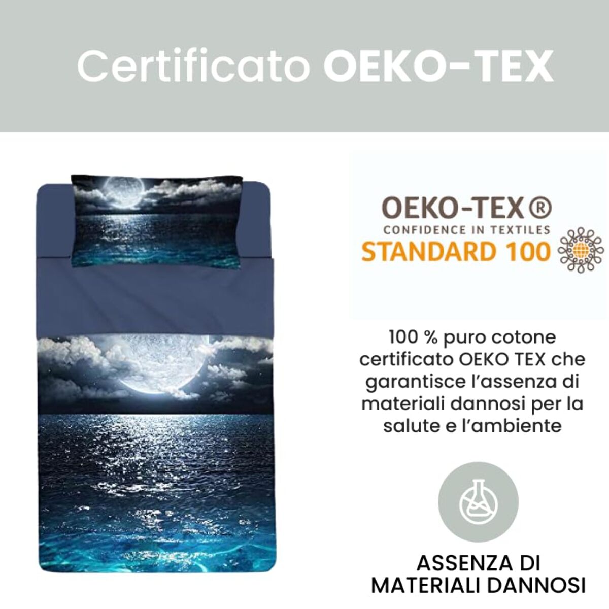 INTRECCI Set Lenzuola Una Piazza e Mezza in Cotone, Stampa Alta Qualità, Lenzuolo Sotto + Lenzuolo Sopra + 1 Federa, Comfort, per Pelli Sensibili, non Stringe in Lavatrice. Fantasia: Sea Moon