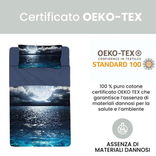 INTRECCI Set Lenzuola Una Piazza e Mezza in Cotone, Stampa Alta Qualità, Lenzuolo Sotto + Lenzuolo Sopra + 1 Federa, Comfort, per Pelli Sensibili, non Stringe in Lavatrice. Fantasia: Sea Moon