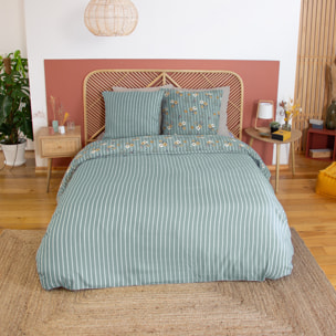 Parure de lit 3 pièces motif bouquets floraux - Vert d'eau