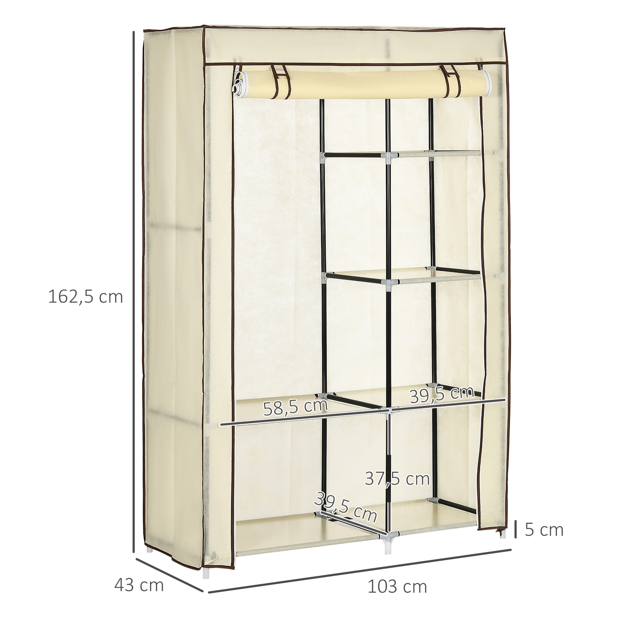 HOMCOM Armario de Tela Plegable Armario de Ropa Organizador Ropero Portátil con 6 Estantes y 1 Barra para Colgar para Dormitorio Vestidor 103x43x162,5 cm Crema