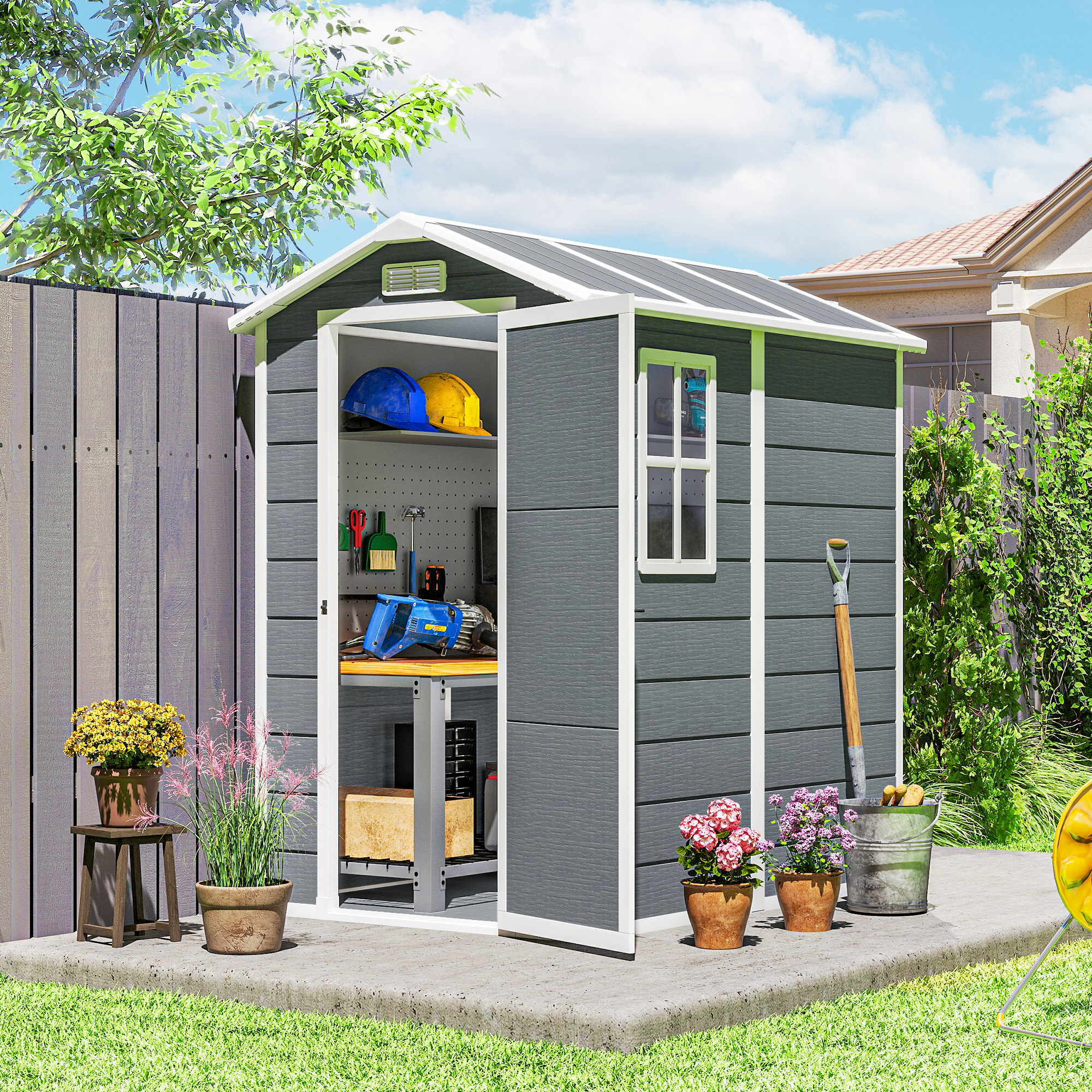 Caseta de Jardín Exterior, 2,1 m², 131x186x198 cm, Cobertizo de Jardín Exterior con Suelo, Ventana, Puerta con Cerradura, Ventilaciones, para Almacenamiento de Herramientas, Gris