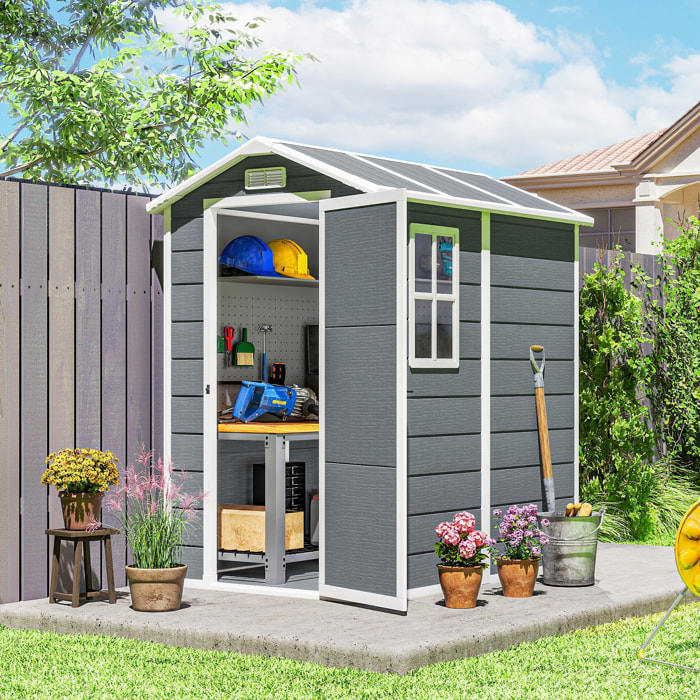 Caseta de Jardín Exterior, 2,1 m², 131x186x198 cm, Cobertizo de Jardín Exterior con Suelo, Ventana, Puerta con Cerradura, Ventilaciones, para Almacenamiento de Herramientas, Gris