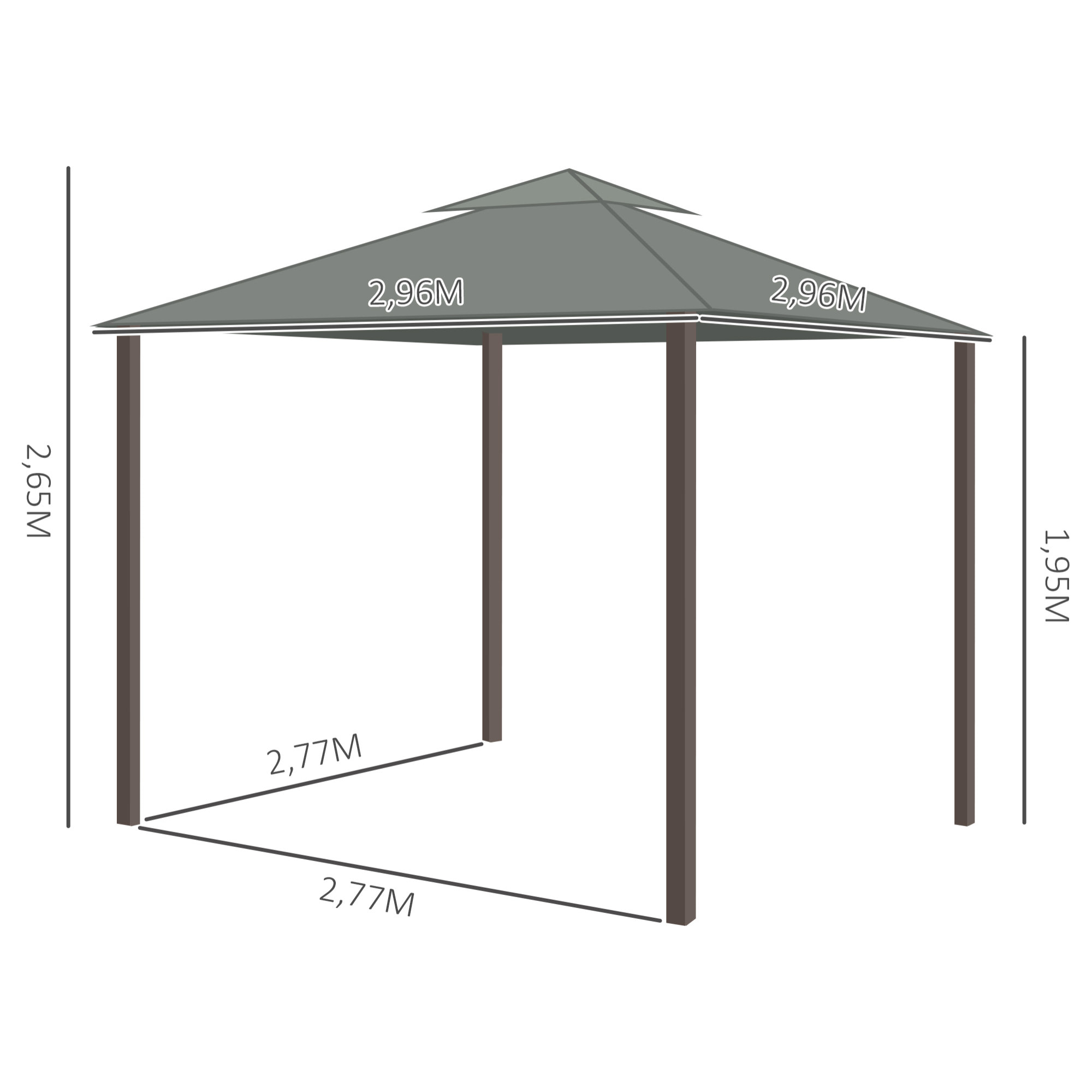 Tonnelle de jardin 3 x 3 m avec toit double cadre en aluminium gris
