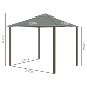 Tonnelle de jardin 3 x 3 m avec toit double cadre en aluminium gris
