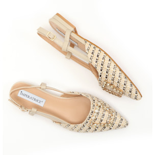 Ballerine slingback in tweed e simil pelle con applicazione gioiello
