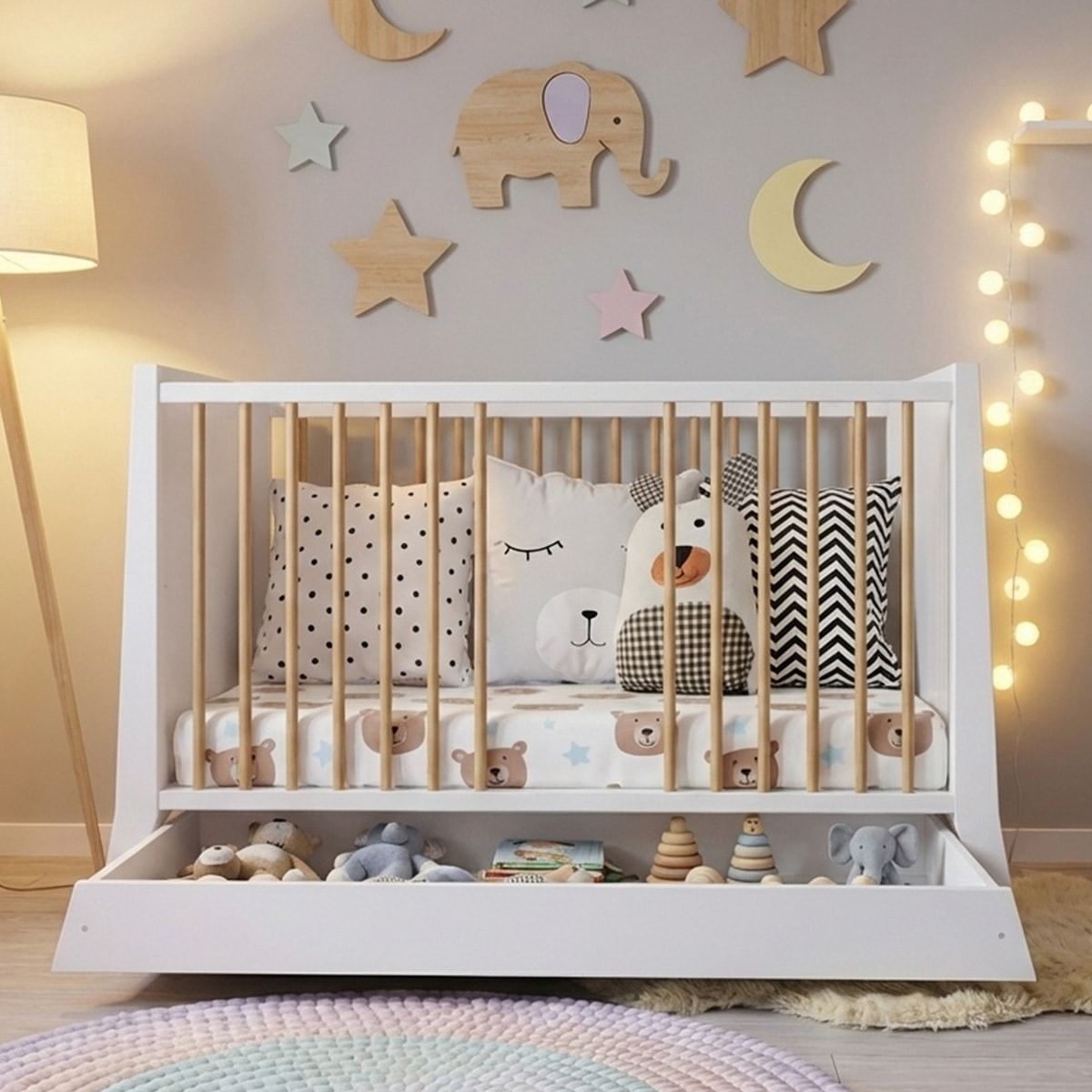 Lit Evolutif Timéo à barreaux 60 x 120 cm, Couleur Blanc & Bois, En Bois, 3 Hauteurs, Tiroir intégré, Barreaux amovibles
