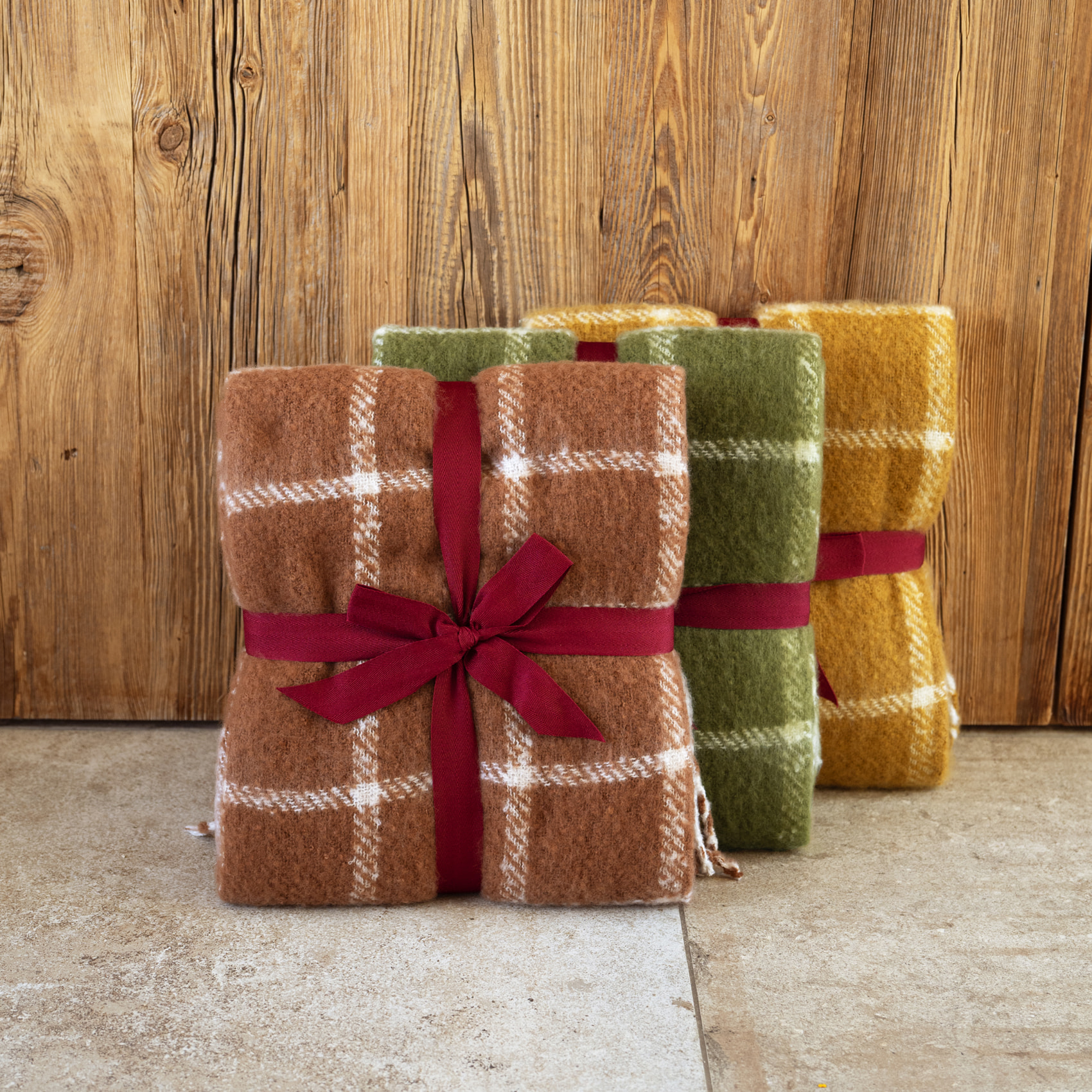 Plaid à carreaux aspect mohair avec franges - Jaune Ocre