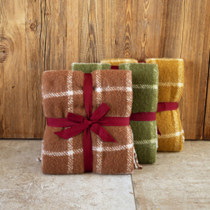 Plaid à carreaux aspect mohair avec franges - Jaune Ocre