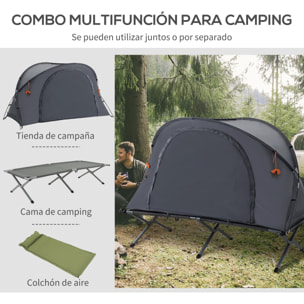 Cama de Camping con Tienda 3 en 1 Tienda de Campaña Elevada con Tienda Cama Colchón Hinchable y Bolsa de Transporte para Senderismo 200x86x147 cm Gris