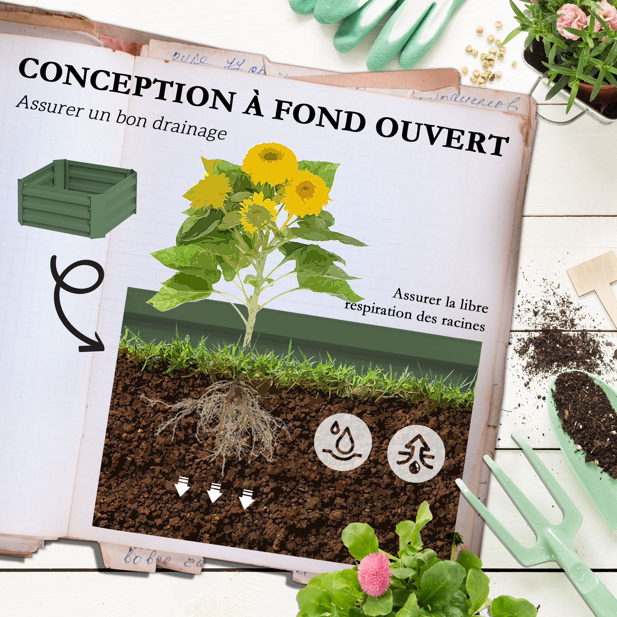 Carré potager de jardin avec tuteur modulable tôle d'acier ondulée vert