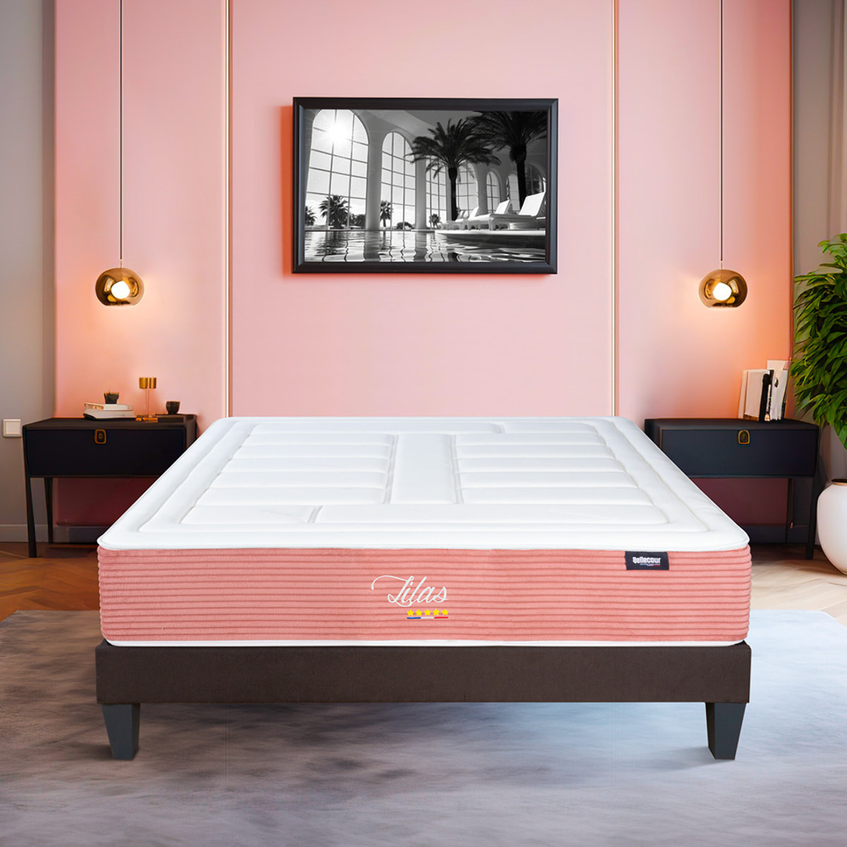 Ensemble Matelas Memoire de forme Lilas avec sommier en bois