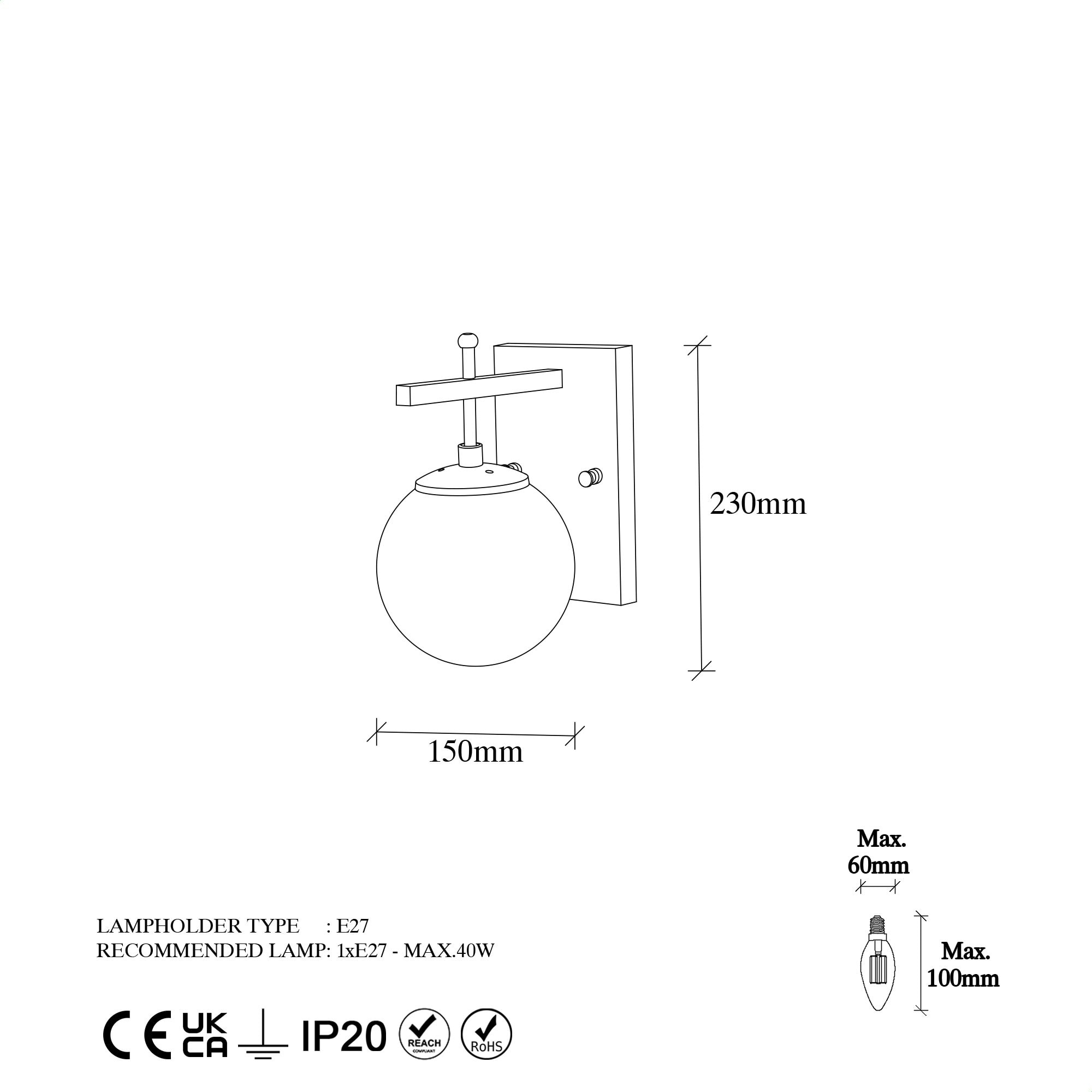 Aplique de pared pantalla blanca, metal , negro, 15x20x15, casquillo E14 Max 40 W