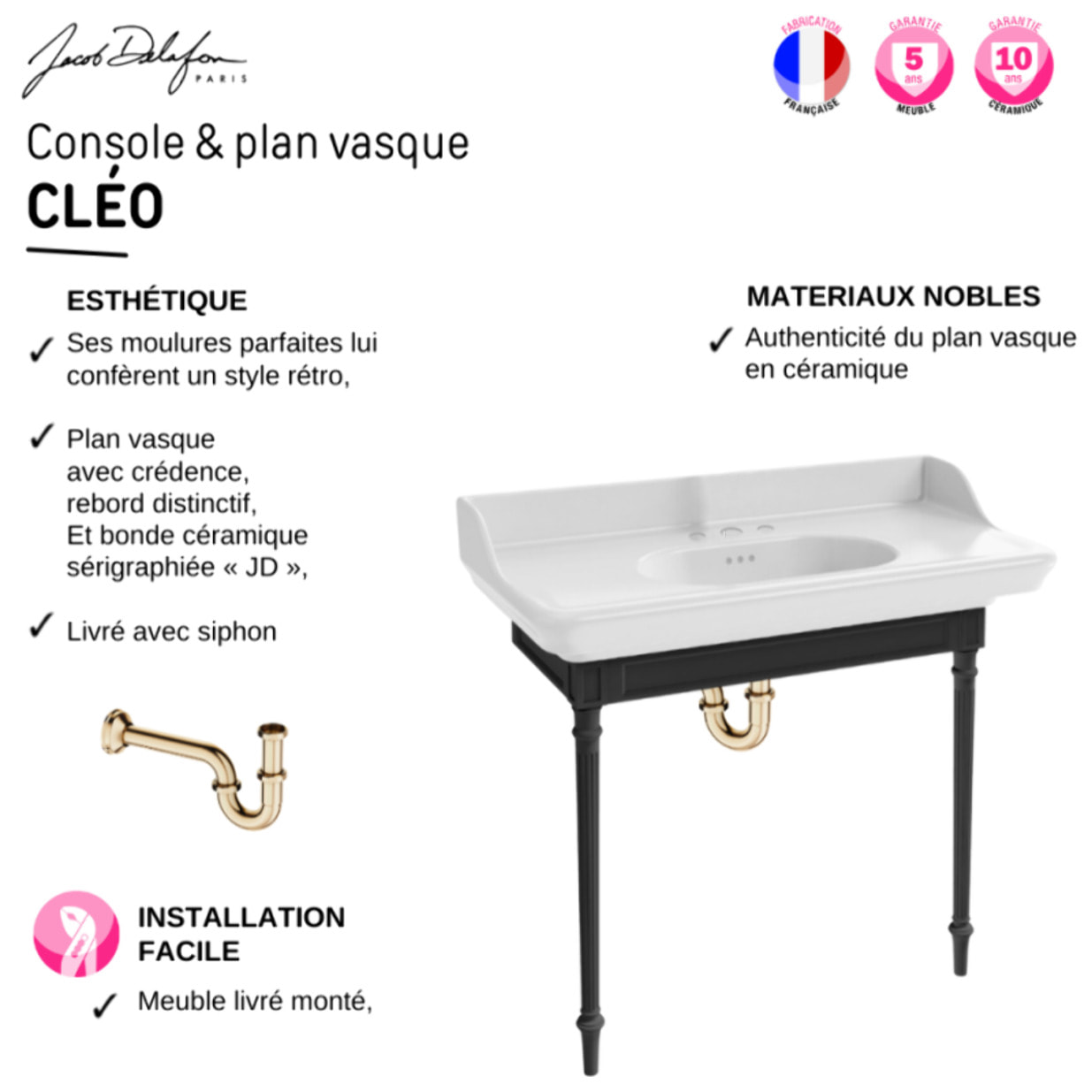Console Cléo 1889 avec plan vasque 3 trous + siphon or