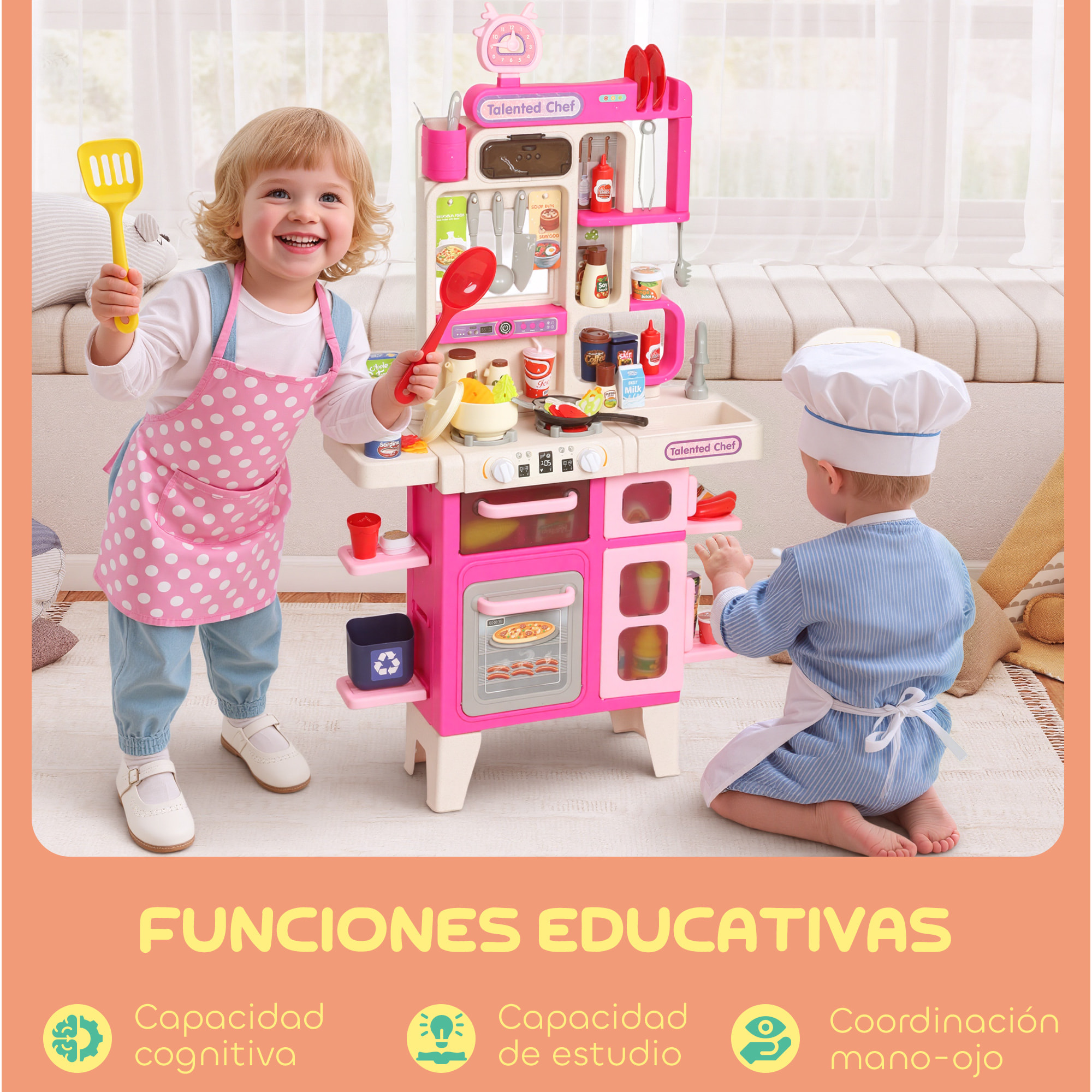 Cocina de Juguete con Luces y Sonido, Cocinita Infantil con Accesorios, Fregadero, Ollas, Utensilios y Alimentos Falsos, Juguetes para Niños a Partir de 3 Años, 52,5x22x100 cm, Rosa