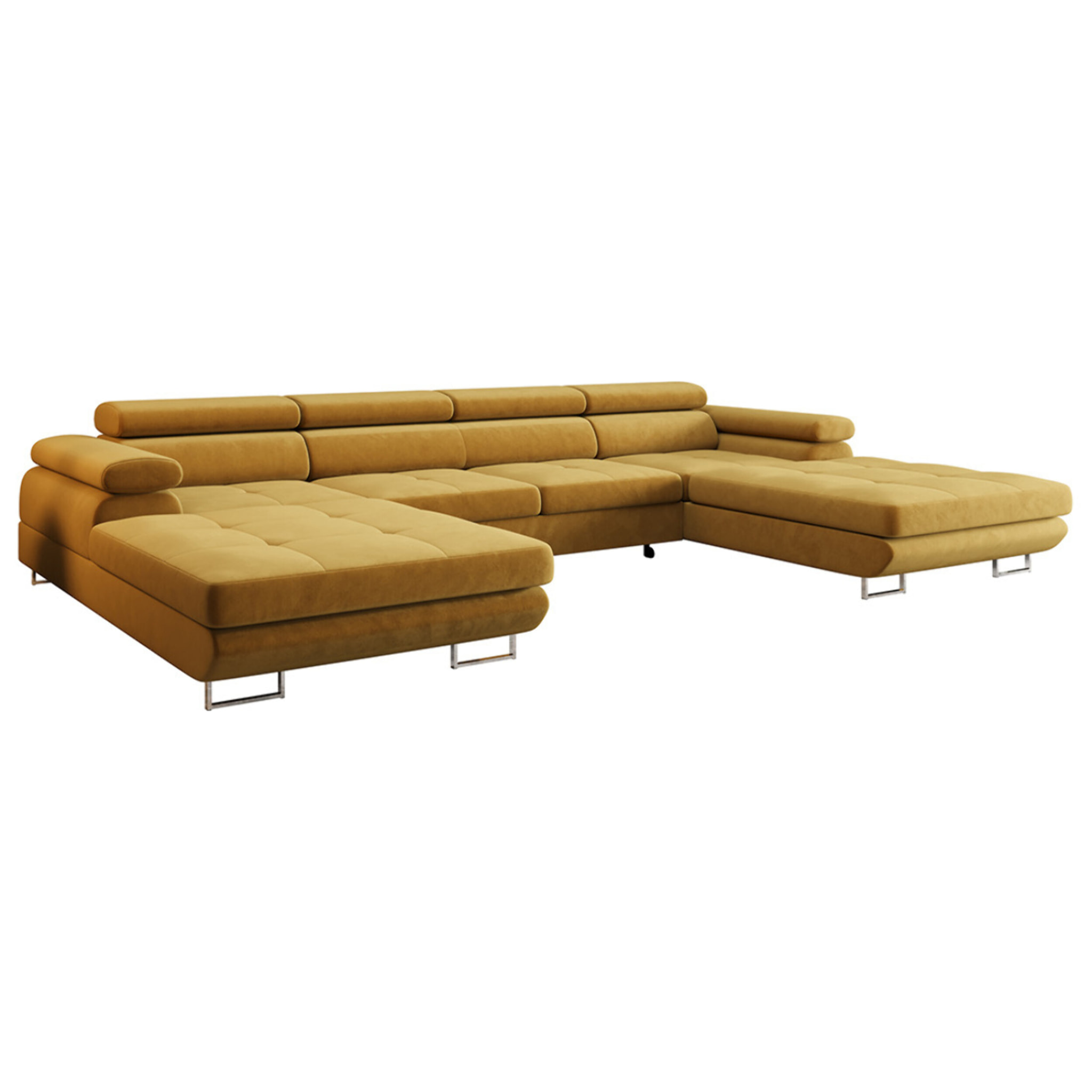 Ayden - Canapé panoramique en U 7 places convertible avec coffre et têtières réglables en tissu - Jaune