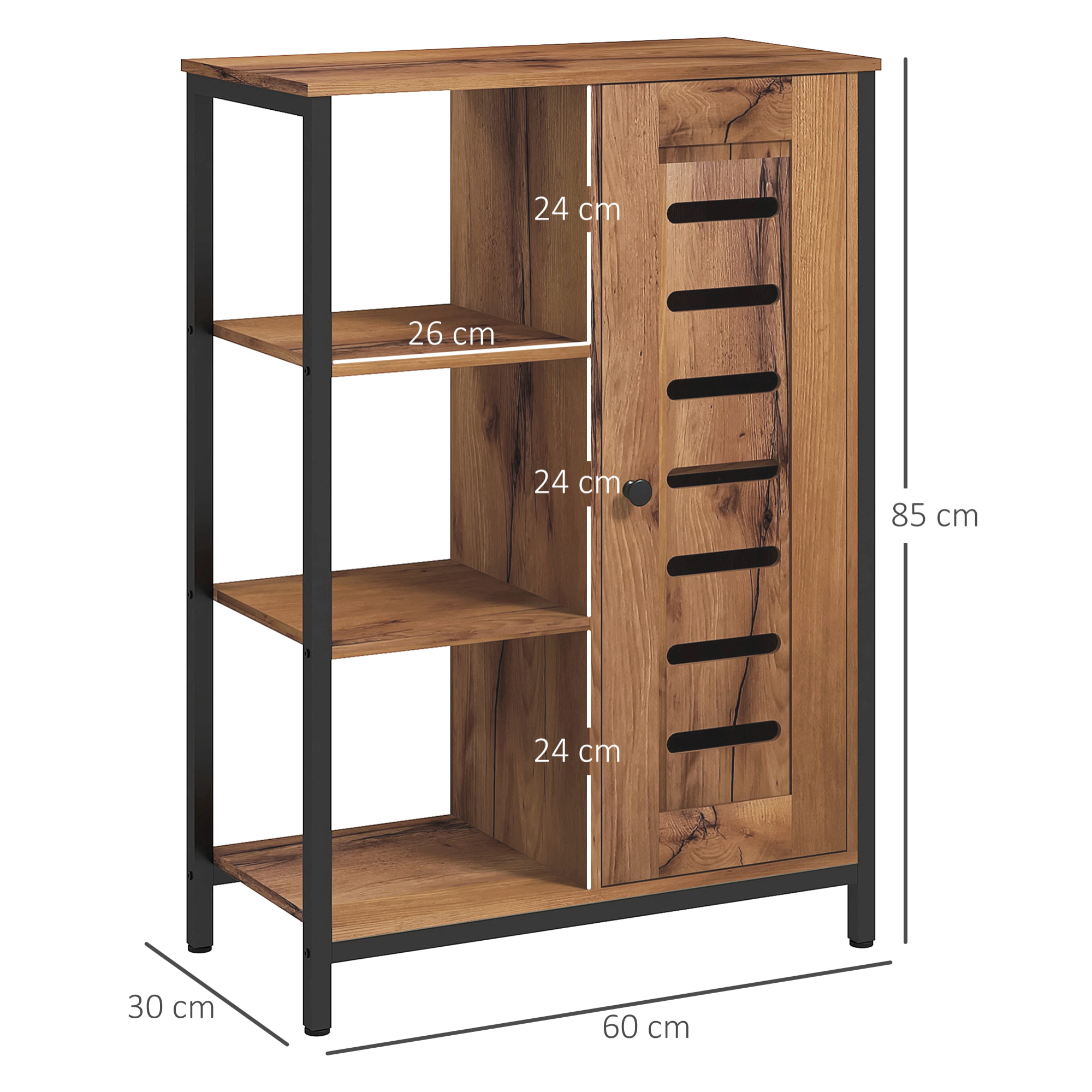 Meuble de salle de bain sur pied, meuble de rangement, design industriel, structure en acier, 3 étagères ouvertes, placard à 2 niveaux, porte à lamelles, 60 x 30 x 85 cm, marron rustique