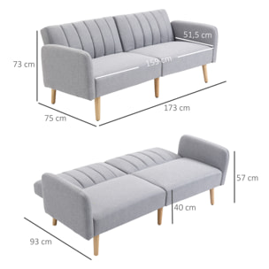 Canapé convertible 2 places design scandinave dossier inclinable 3 positions pieds bois tissu aspect lin gris