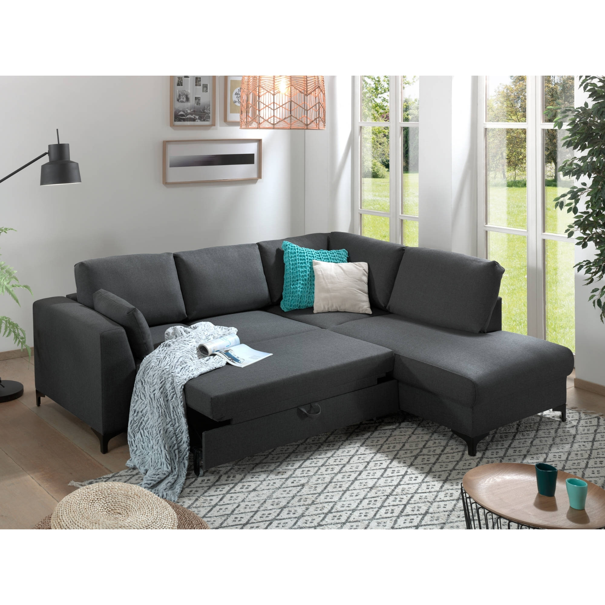 Tala - canapé d'angle droit - convertible - 5 places - en tissu - Gris foncé