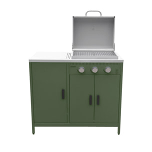 Barbecue gaz 3 brûleurs. vert. 3 portes et 2 espaces de rangement